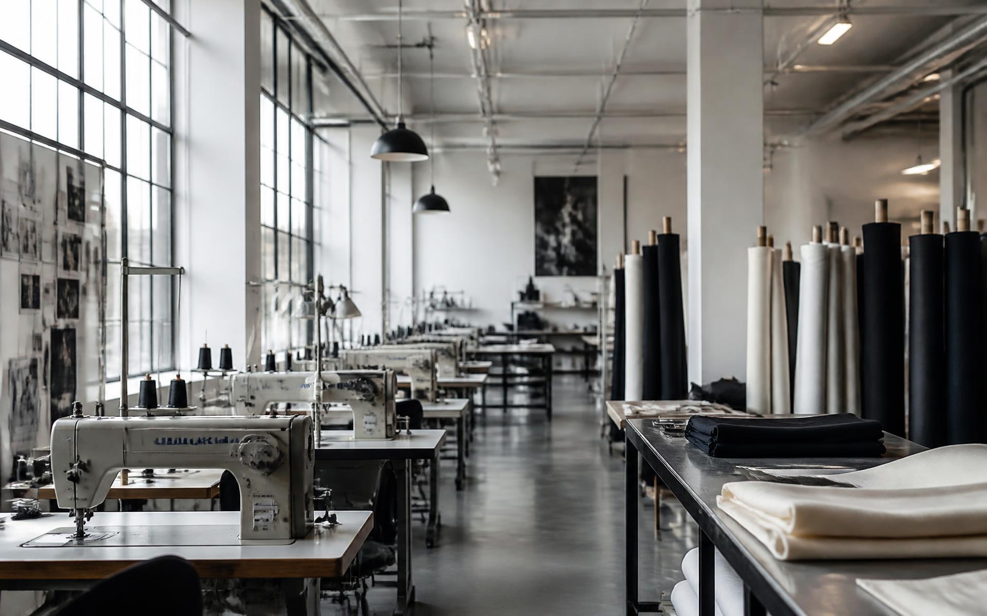 Premium garment manufacturing atelier with sewing stations and fabric rolls
